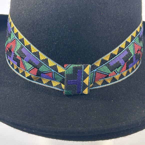 VTG USA Made Wool Fedora Hat Black Southwest Tribal Aztec Banded One Size Unisex - Picture 5 of 12